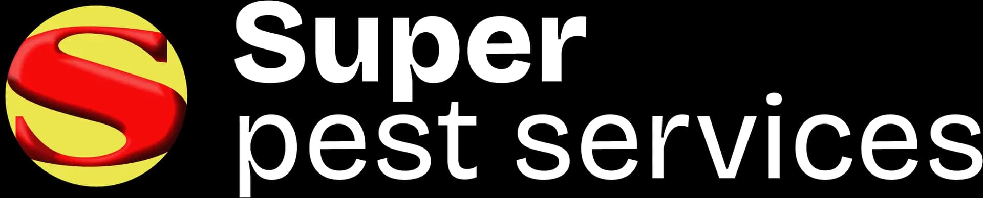 Logo for Super pest services featuring a large red letter S on a yellow circle, followed by the words Super pest services